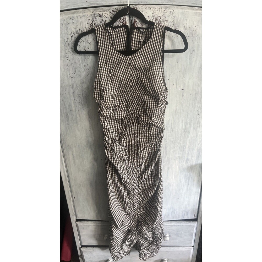 Zara Ruched Maxi Sleeveless Dress Lrg Checkered Y2K
